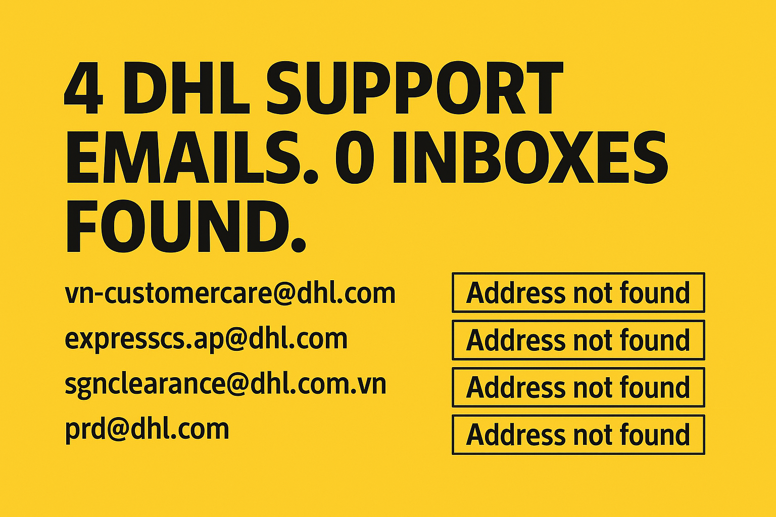 DHL demanded I resolve my shipment issue by contacting their support team. I emailed every address they provided: vn-customercare@dhl.com expresscs.ap@dhl.com sgnclearance@dhl.com.vn prd@dhl.com Every single one bounced. Not one inbox exists. If a global courier can’t even keep its own email addresses alive, what hope does a customer have?