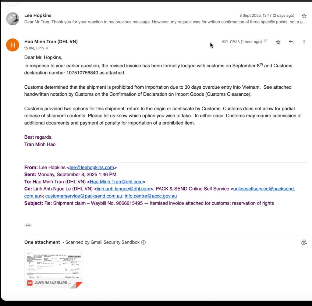 DHL advise me of Customs' answer