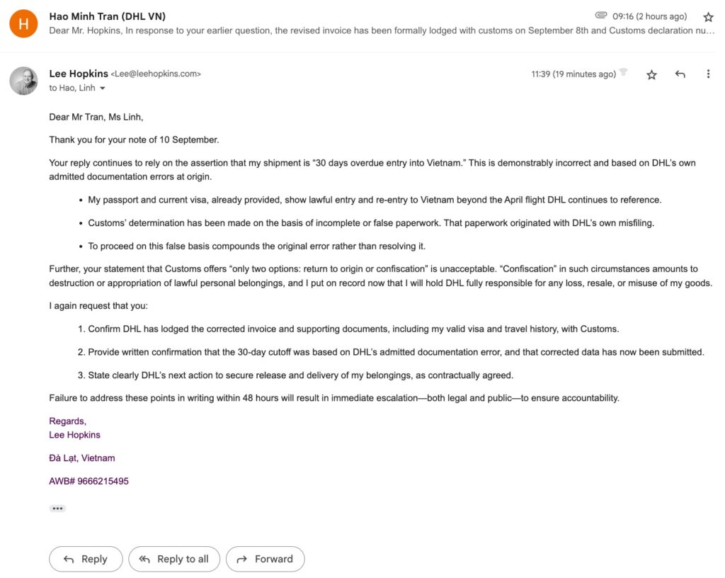 My reply to DHL VN
