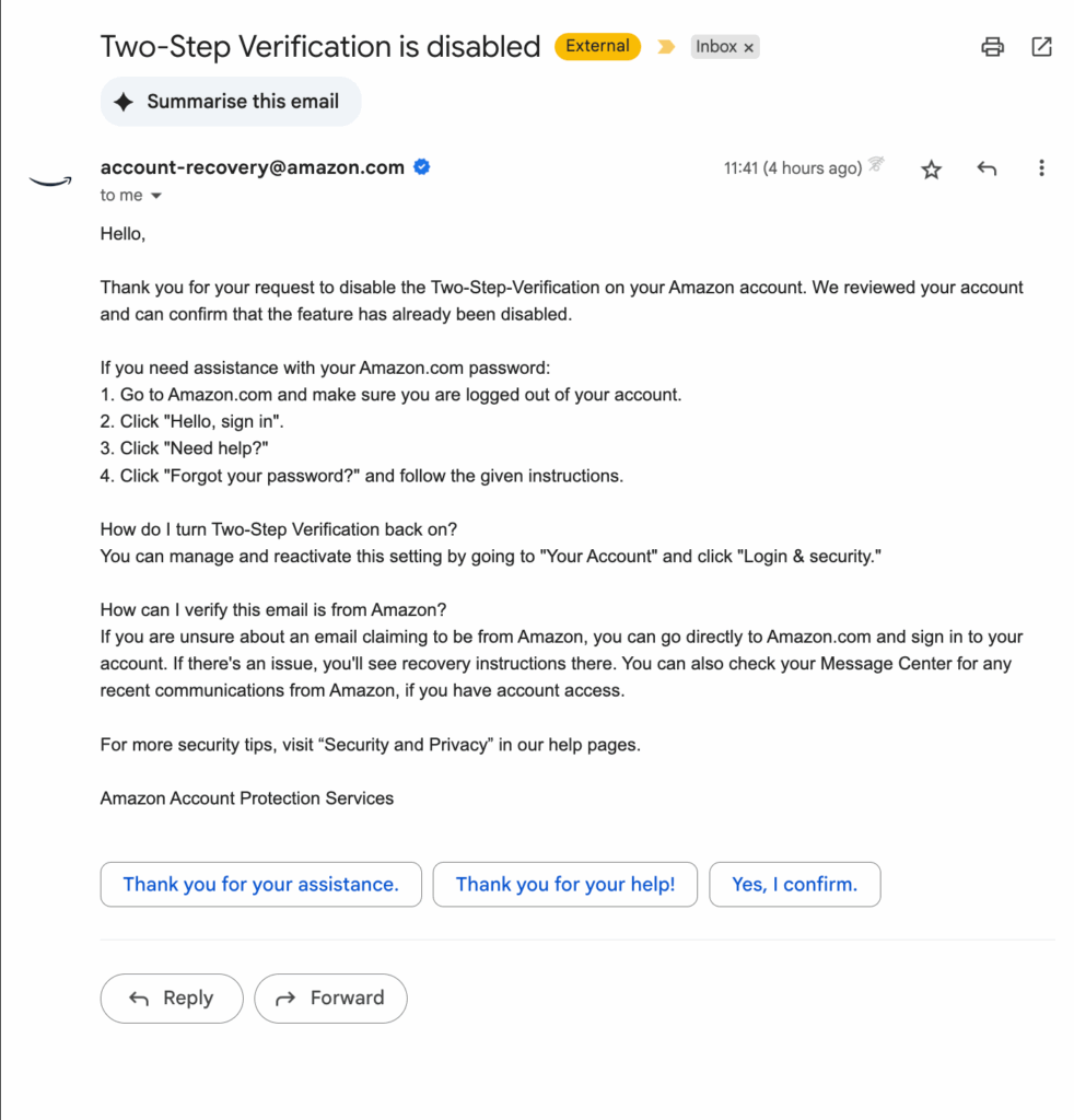Amazon form letter telling me their 2SV on my account has been disabled. Only it hasn't. Still. Despite me telling them lots of times.