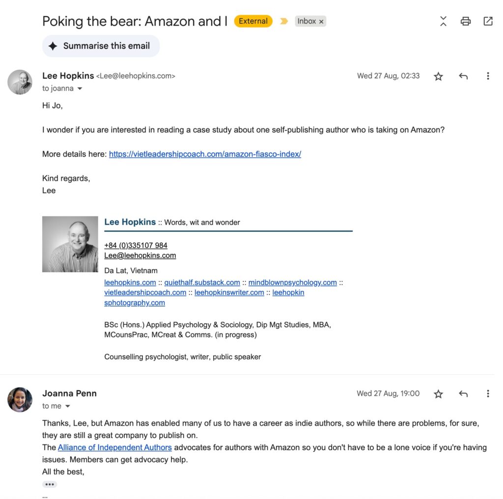 Amazon: Email to Jo Penn and her gutless response
