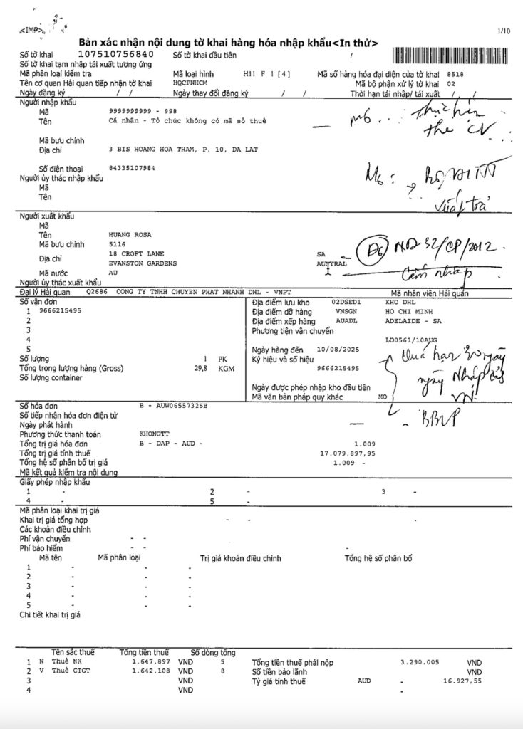 Handwritten Customs note on the DHL submission, citing alleged 30-day delay