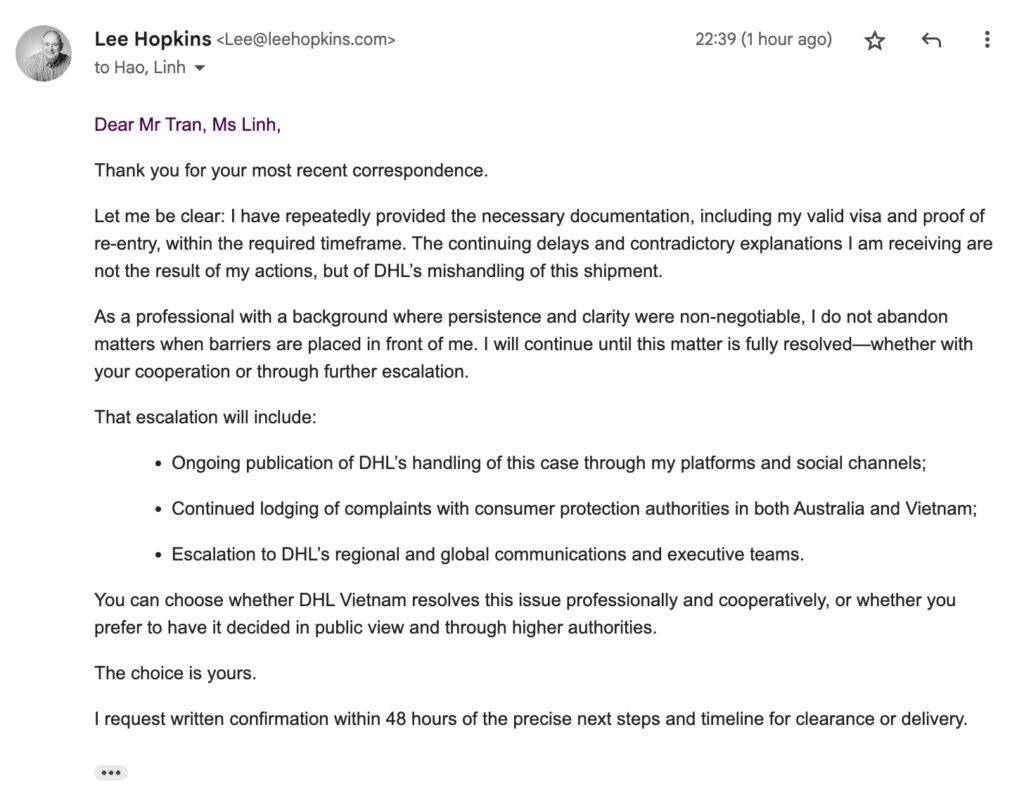 My additional reply to DHL email 2025-09-11