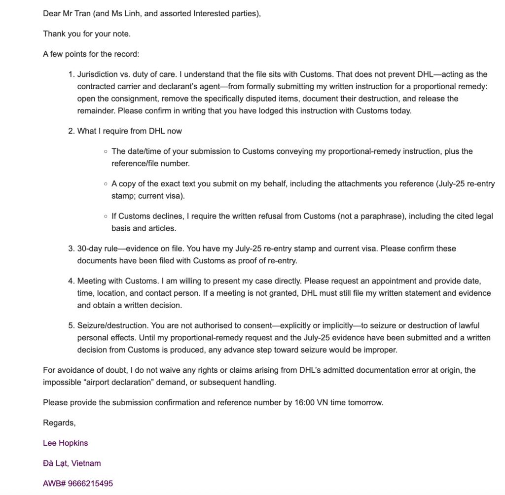 DHL - my reply to their email late Friday 12th Sep 2025