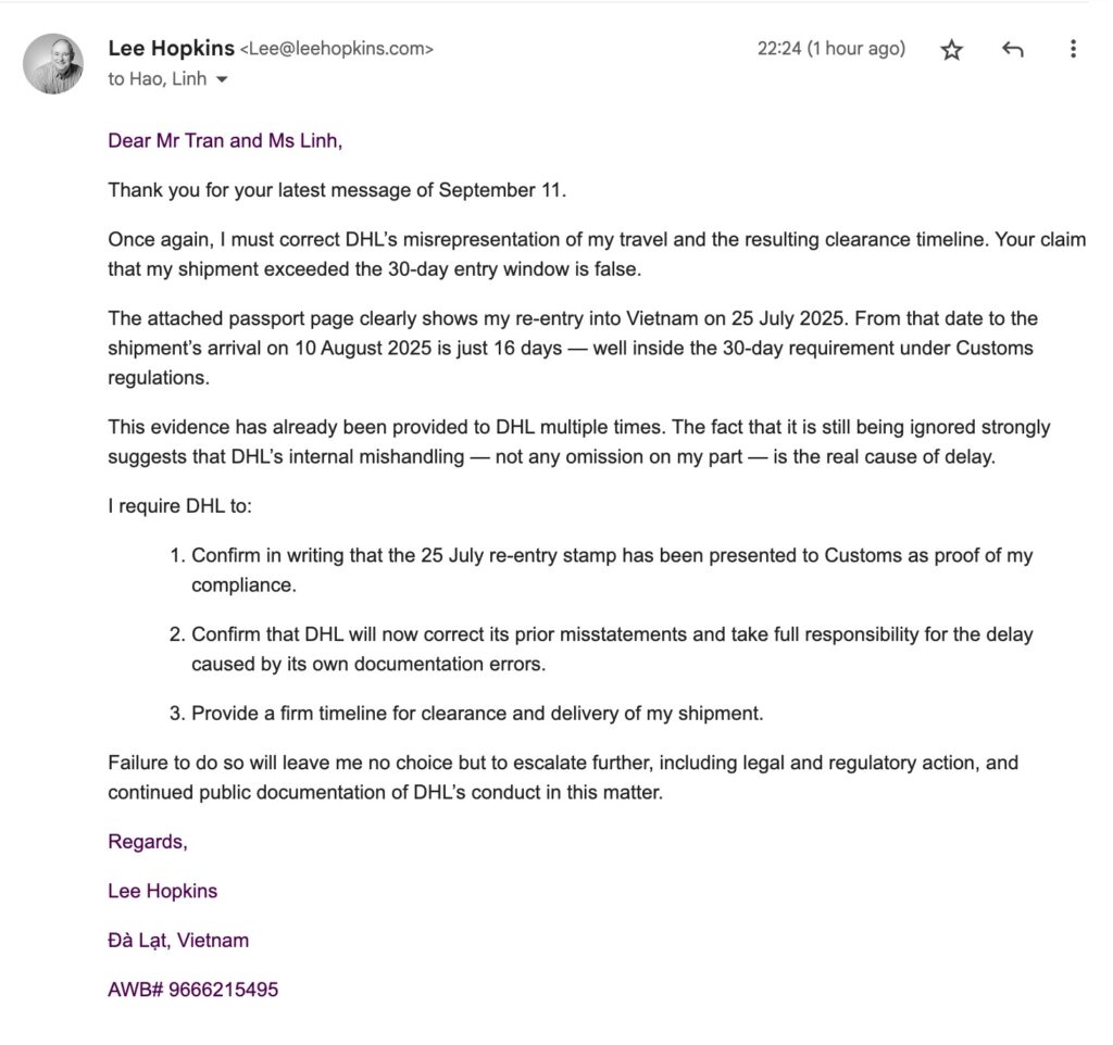 My reply to DHL email 2025-09-11