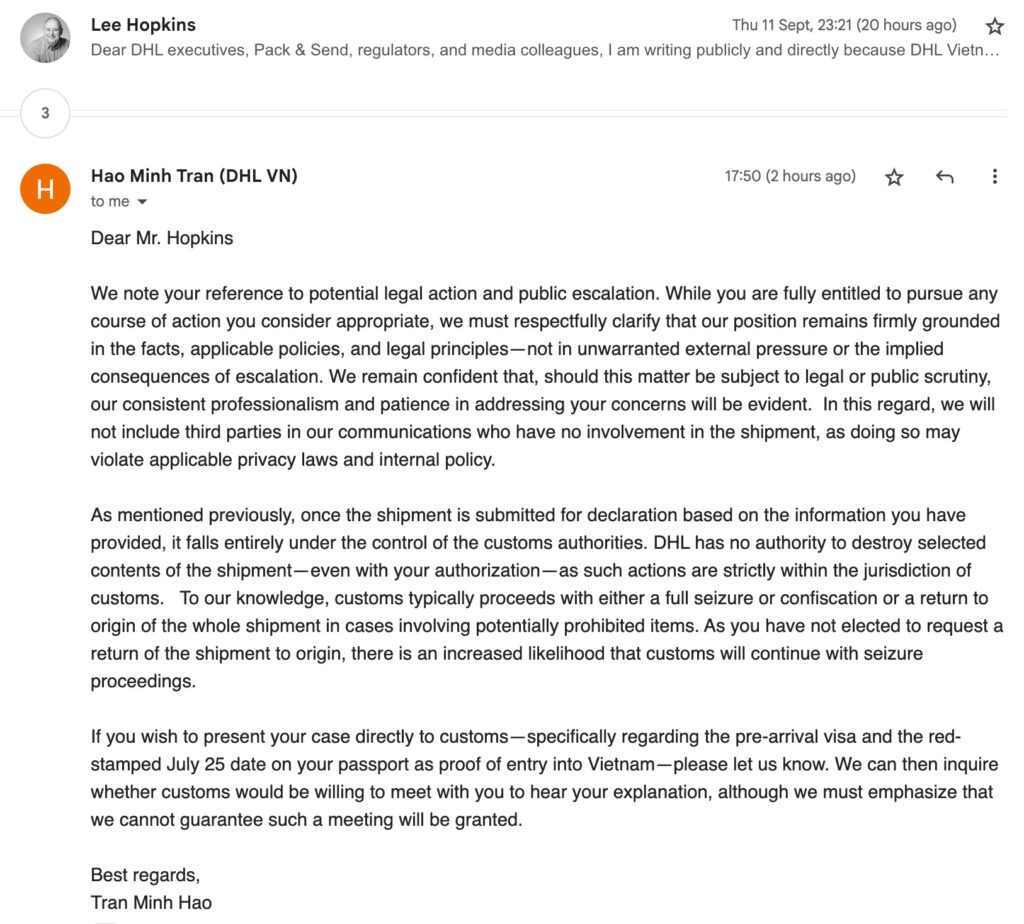 DHL email to me late Friday 12th September 2025