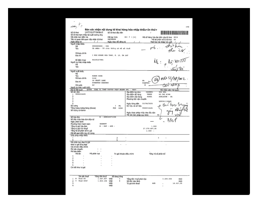Handwritten Customs note on the DHL submission, citing alleged 30-day delay