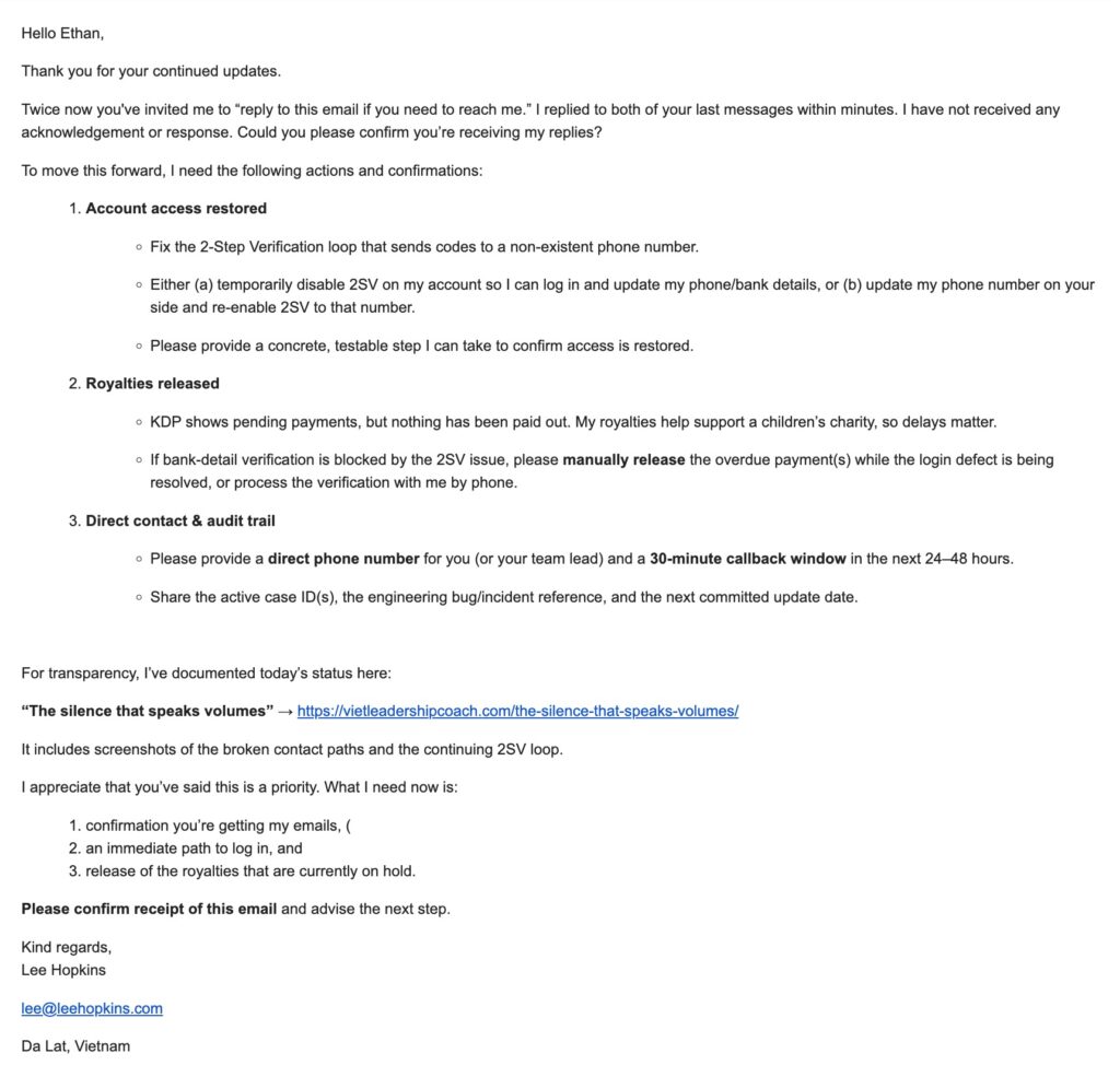 My third email to Amazon's 'Ethan R.'