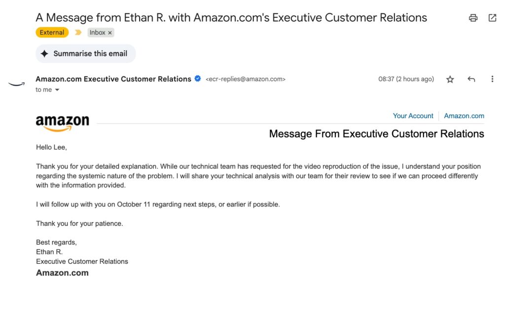 Amazon: Acknowledgment is not the same as action