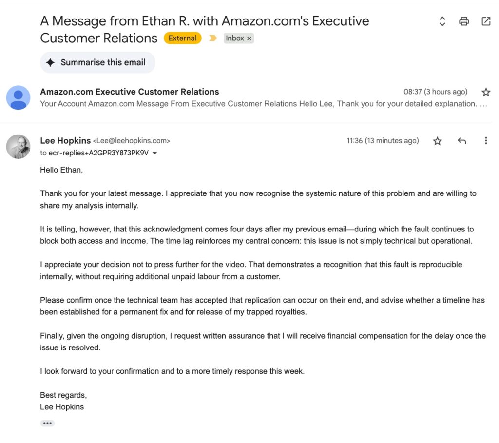 Amazon: My reply to Ethan R