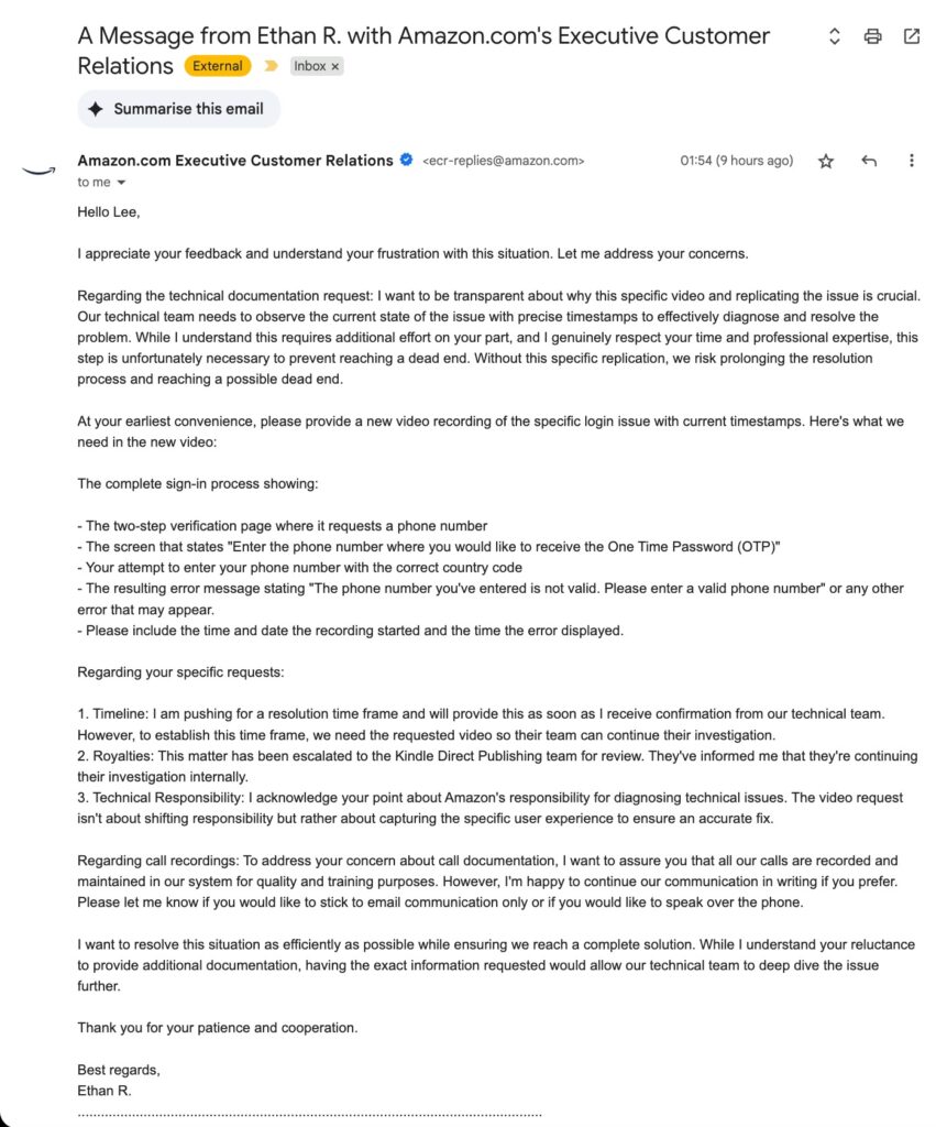 Amazon: Ethan R's stunning email to me