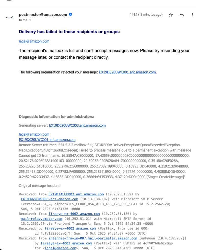 Amazon: Legal's email inbox is full. Stunned, much?