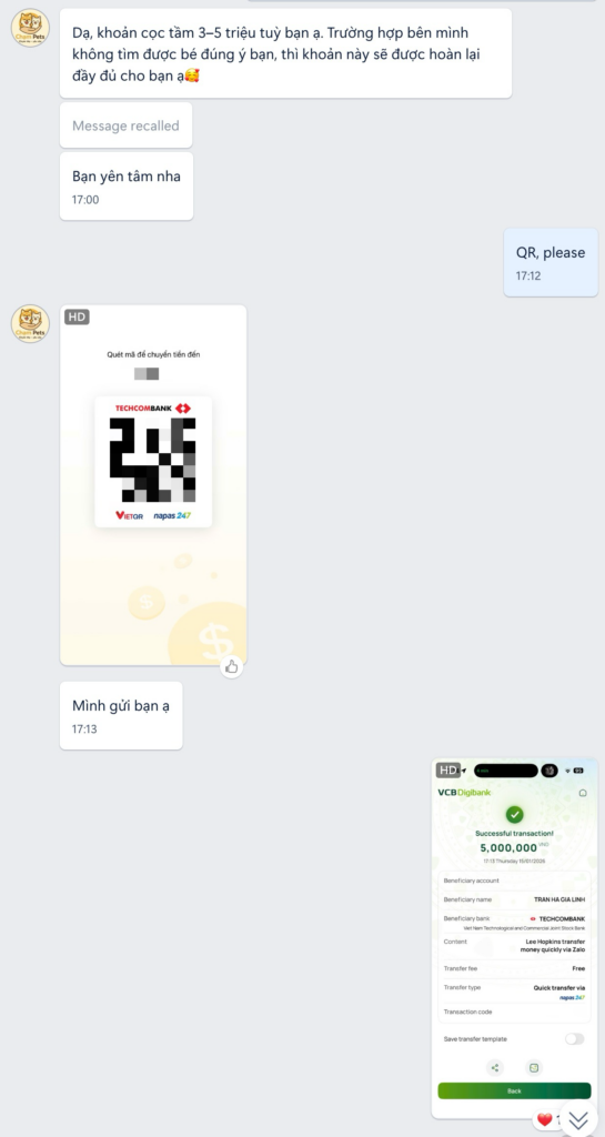 Chat messages showing a request for a deposit and confirmation of a 5 million VND payment made via bank transfer.