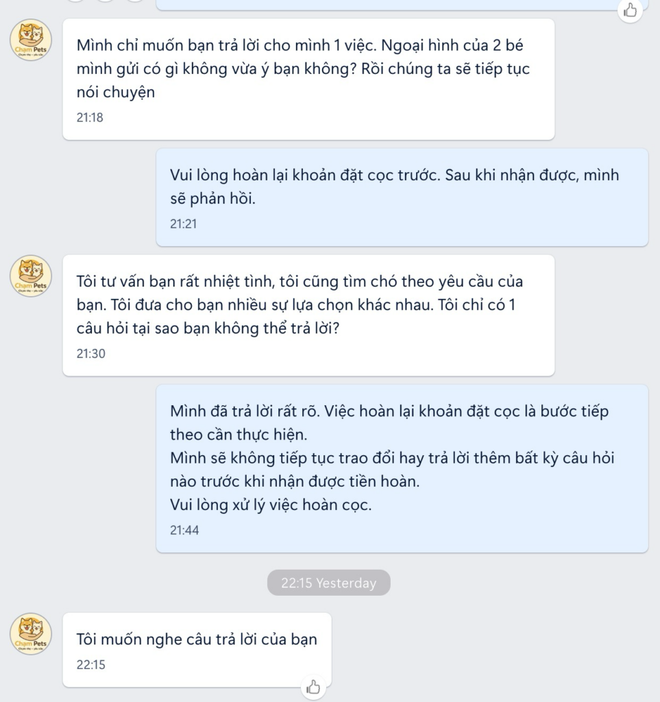 Chat messages sent after the refund request, continuing to ask questions and seek further discussion rather than processing the refund.